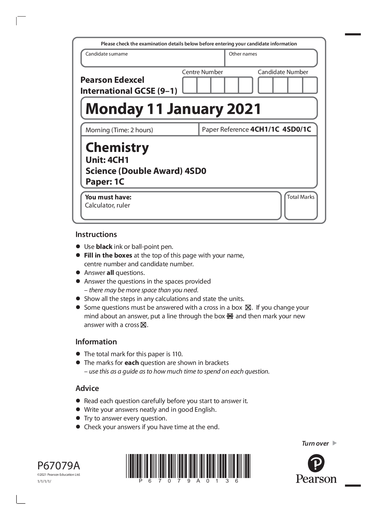 Preview image for Pearson Edexcel International GCSE (9–1)_Chemistry_4CH1/1C Question Paper Jan 2021 | Paper: 1C